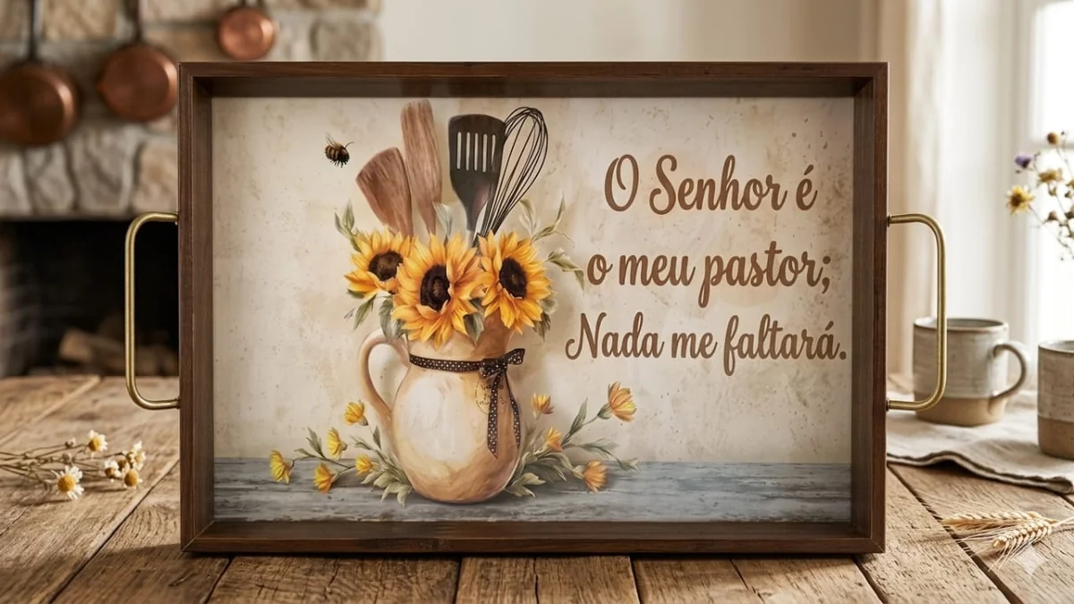 Bandeja em madeira com frase bíblica